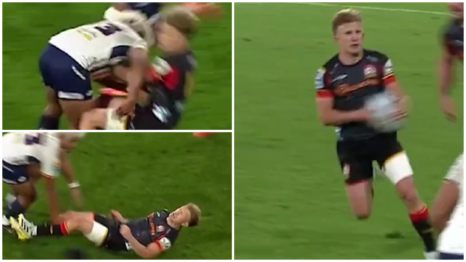 Damian McKenzie getting hit by Moana Pasifika centre Fine Inisi.
