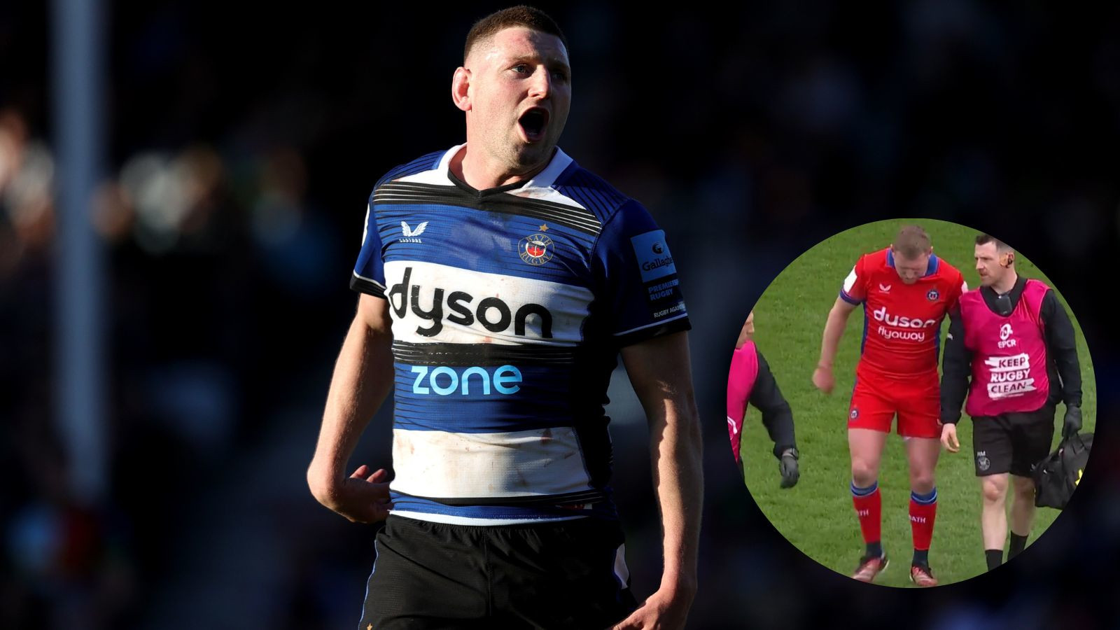 Finn Russell playing for Bath in 2024 and after going off injured against Exeter Chiefs.