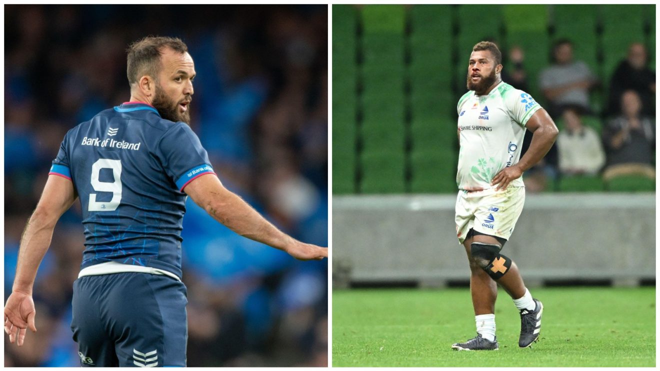 Splti between Leinster's Jamison Gibson-Park and Jone Koroiduadua of Fijian Drua.