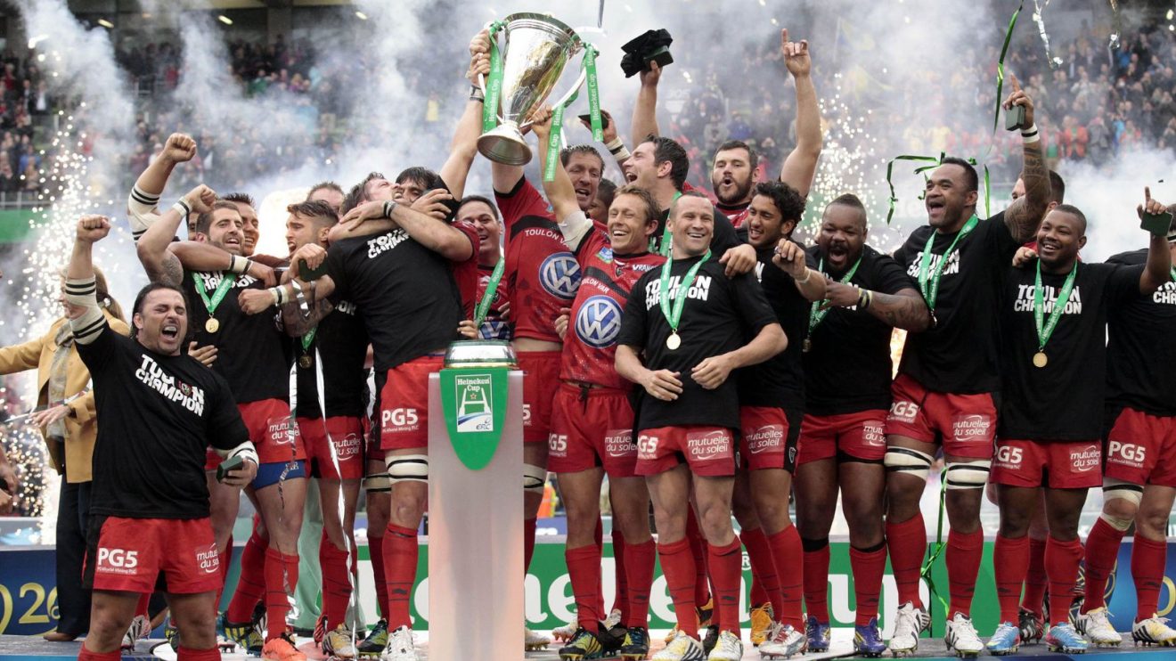 Toulon react after being crowned European Cup Rugby after defeating Clermont Auvergne at the Aviva Stadium, Dublin, Ireland, Saturday, May 18, 2013.