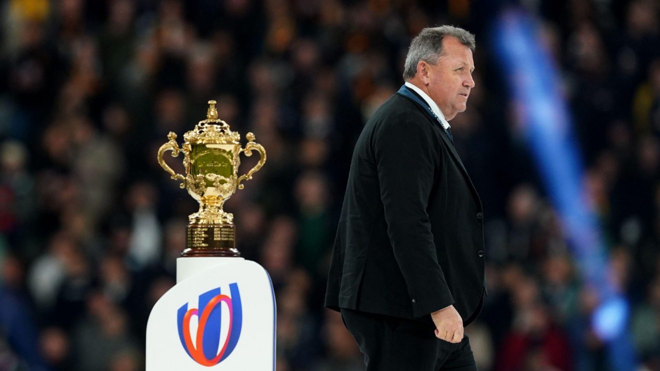 New Zealand head coach Ian Foster walks past the Webb Ellis Cup following defeat in the Rugby World Cup 2023 final match at the Stade de France in Paris, France.