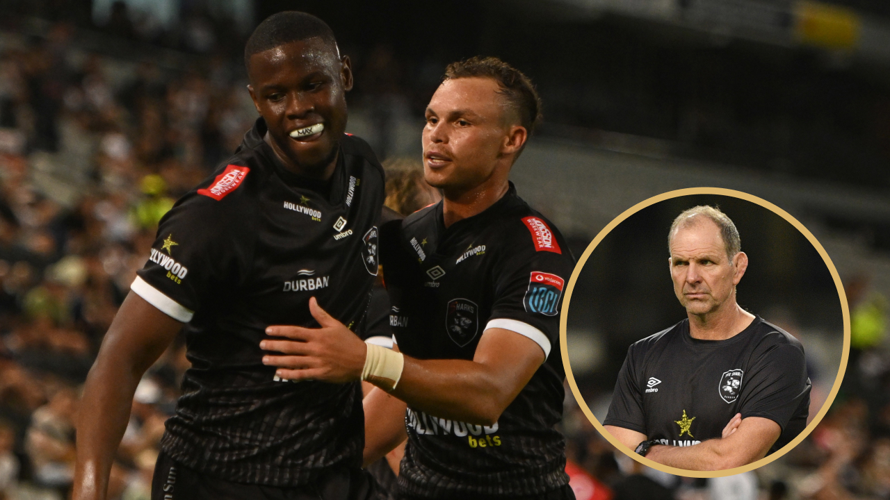 Sharks backs Aphelele Fassi and Curwin Bosch and head coach John Plumtree.