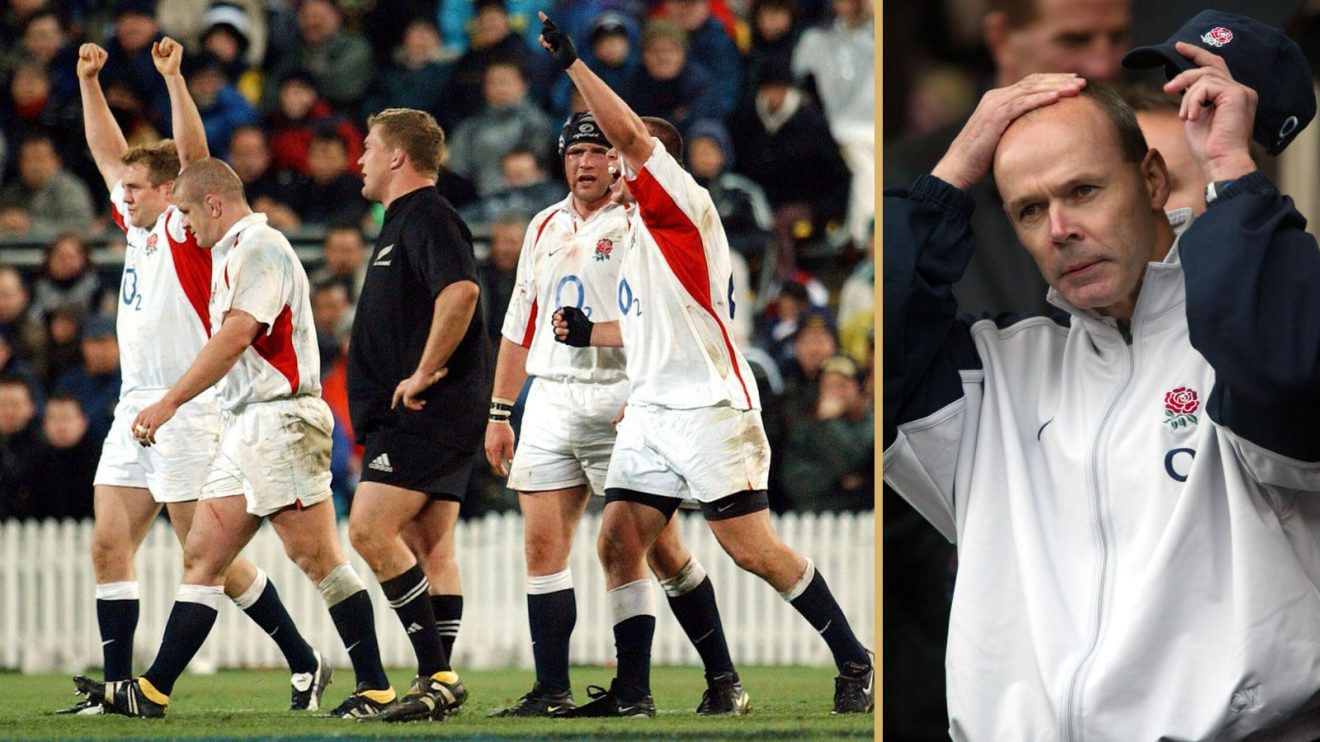England players celebrate the 15-13 victory over the All Blacks at Westpac Stadium in 2003 and head coach Sir Clive Woodward.