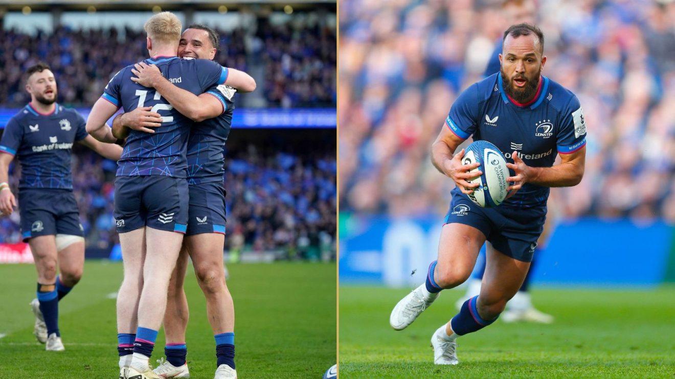Leinster's James Lowe celebrates with Leinster's Jamie Osborne and Jamison Gibson-Park of Leinster makes a run with the ball during the Champions Cup match between Leinster and La Rochelle.