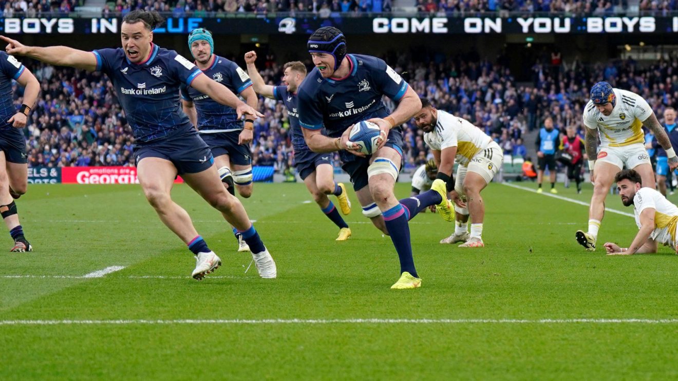 Ryan Baird scoring a try for Leinster v La Rochelle in the 2024 Champions Cup.
