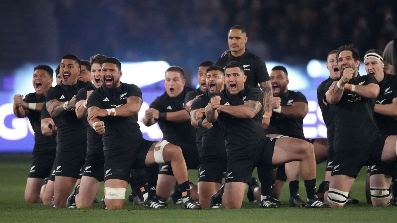 The All Blacks perform the haka during the Rugby Championship trophy and the Bledisloe Cup after the New Zealand All Blacks v Australian Wallabies Bledisloe Cup and Rugby Championship test match at the MCG, Melbourne, Australia on Saturday 29 July 2023.