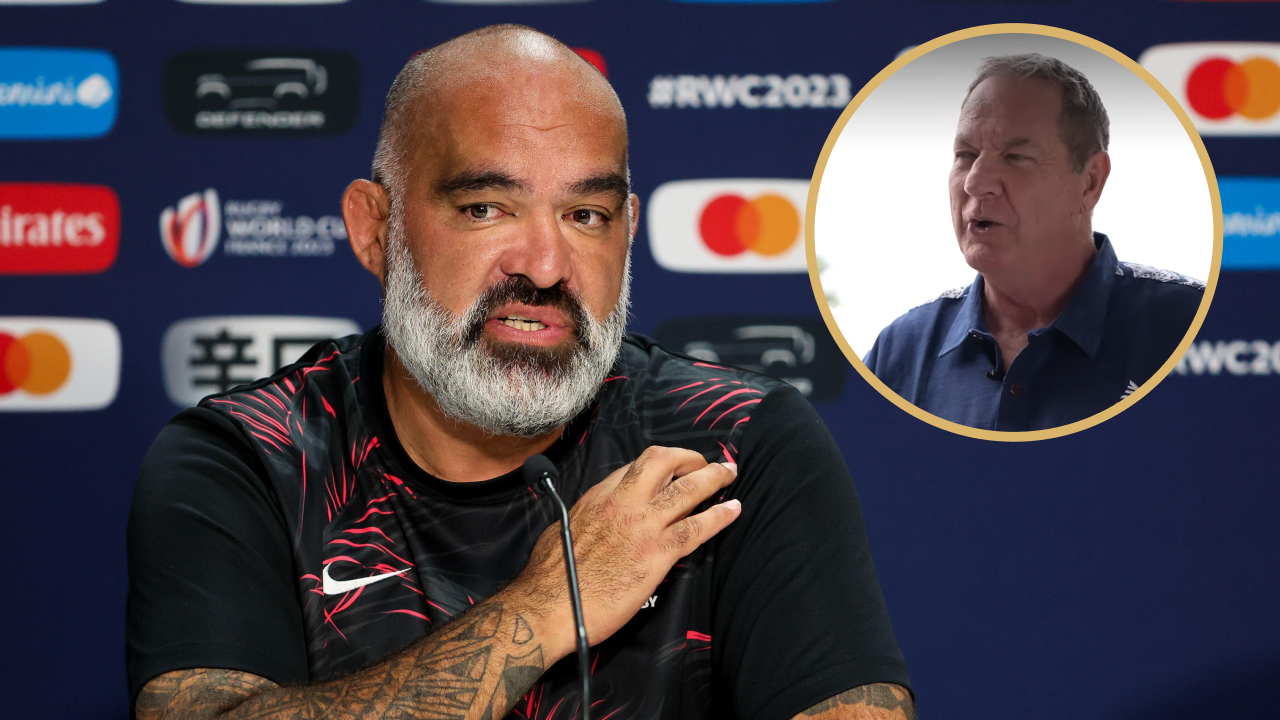 Former Fiji coach Simon Raiwalui and his successor Mick Byrne.
