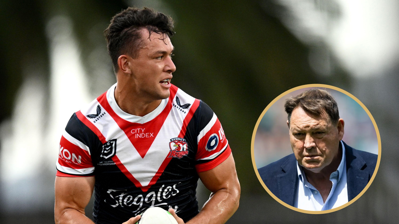 Joey Manu of the Roosters and former All Blacks coach Sir Steve Hansen.