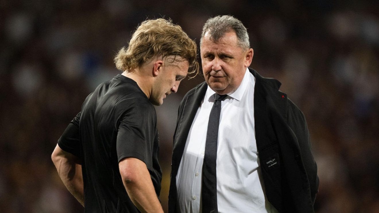 All Blacks playmaker Damian McKenzie and former head coach Ian Foster during the 2023 Rugby World Cup Pool A match between New Zealand and Namibia at the Stadium de Toulouse in Toulouse, France on September 15, 2023.