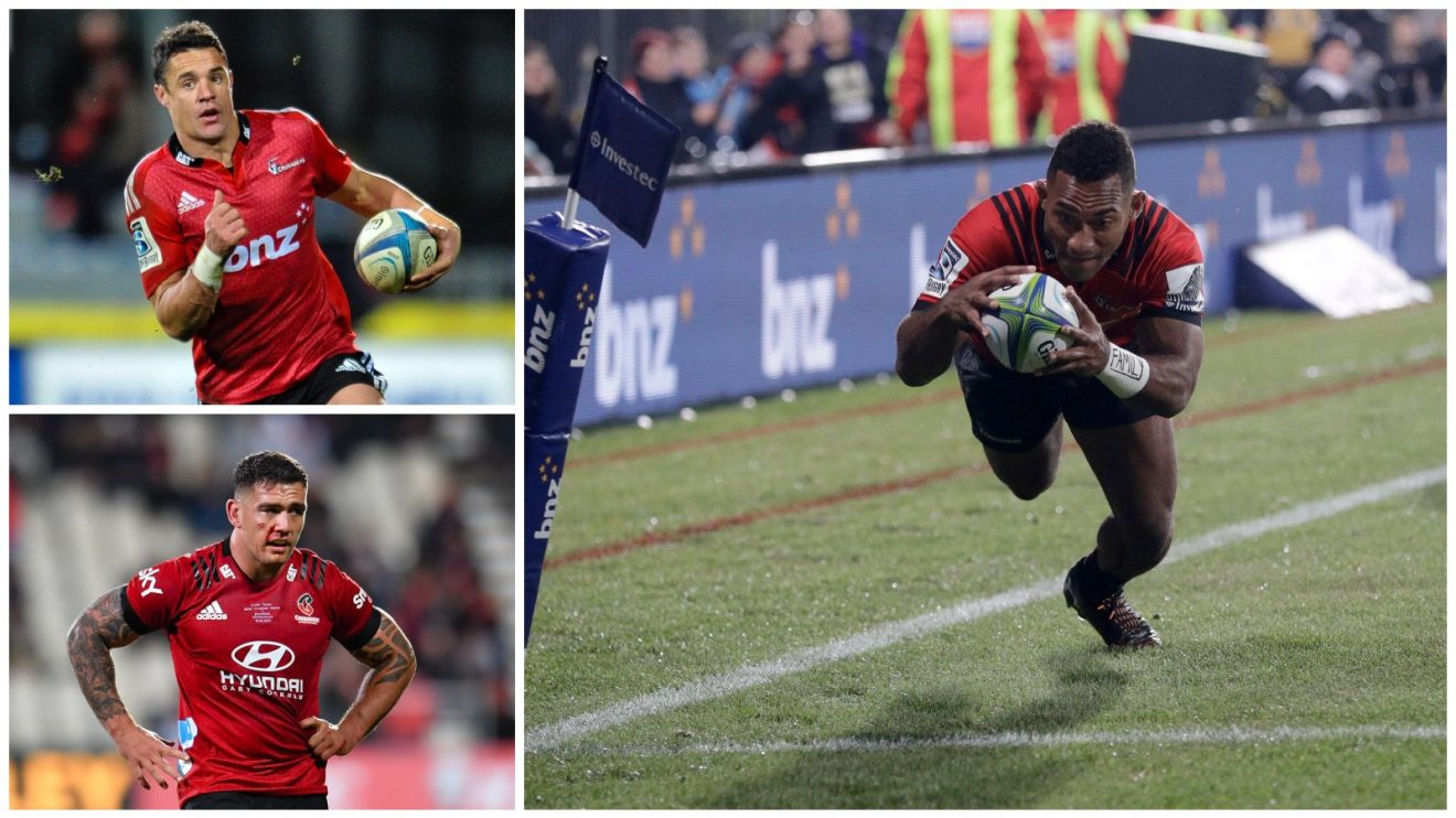 Split Crusaders Dan Carter, Codie Taylor and Sevu Reece.