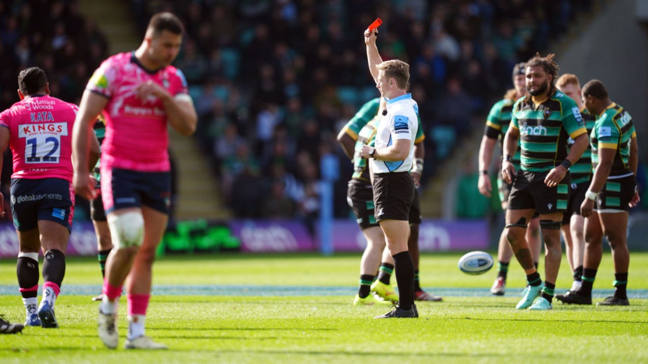 Solomone Kata sent off for Leicester Tigers against Northampton Saints in the Premiership in 2024.