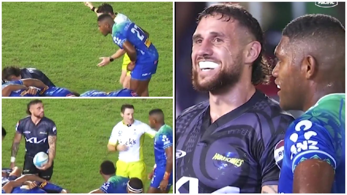 TJ Perenara laughs after Peni Matawalu told off by referee Paul Williams in Super Rugby Pacific.