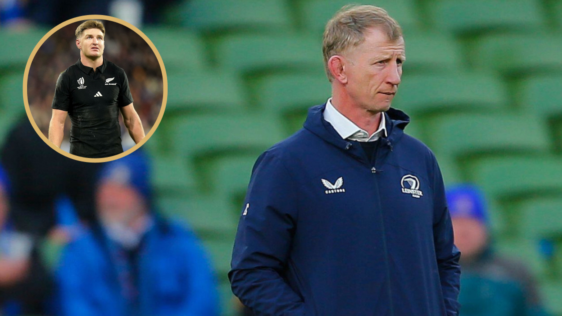 Leinster head coach Leo Cullen alongside All Blacks star Jordie Barrett.