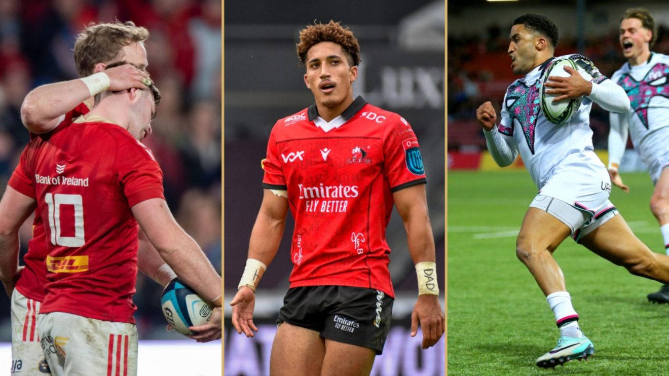 Split with Munster players, Lions' Jordan Hendrikse and Keelan Giles of Ospreys.