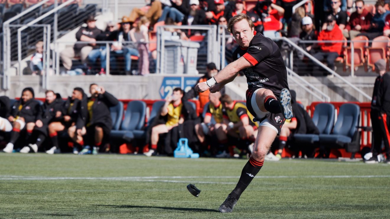 Major League Rugby star kicks for goal (Photo credit: Davey Wilson).