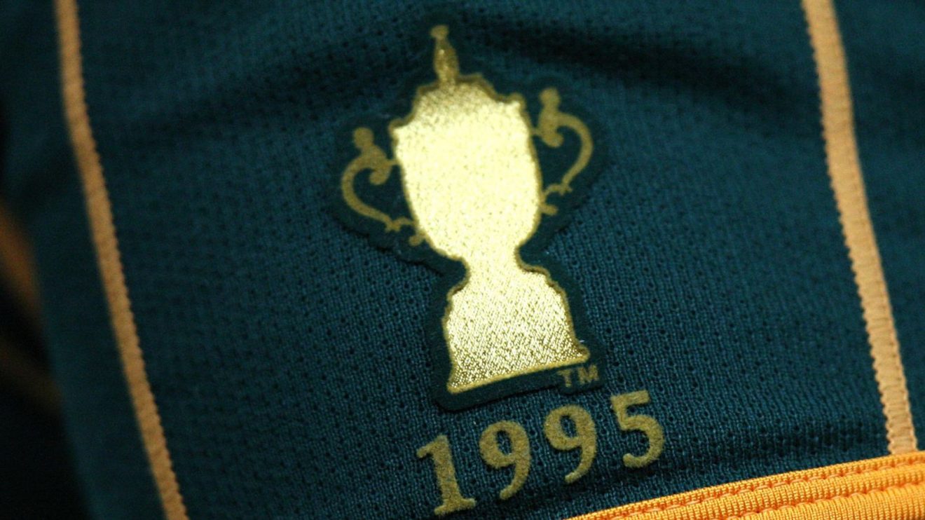Close up detail of the South Africa shirt showing their 1995 world cup win
