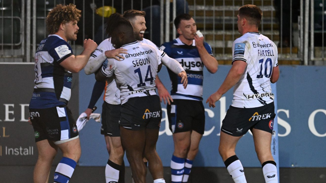 Saracens celebrate Rotimi Segun crossing against Bath.
