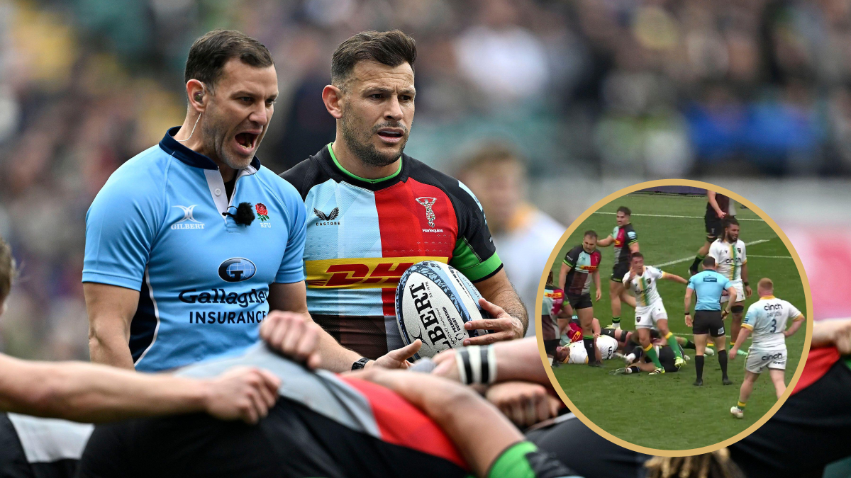 Karl Dickson (Referee) shouts and Danny Care (Harlequins) look over the scrum during the Harlequins V Northampton Saints Gallagher Premiership rugby match.