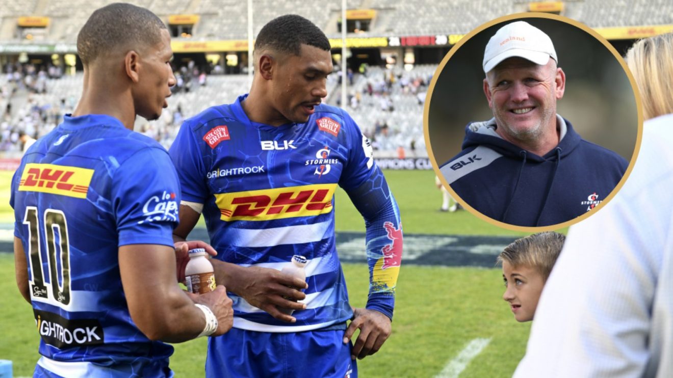 Split with Stormers duo Damian Willemse, Manie Libbok and coach John Dobson.