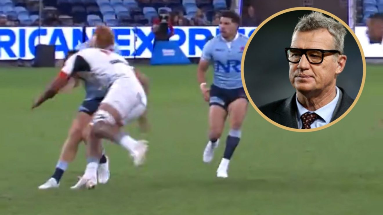 Split with Samipeni Finau making a tackle and Sir John Kirwan.