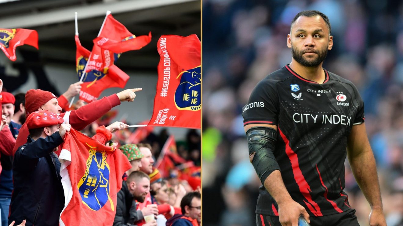 A split image of Munster Rugby fans and Saracens' number eight Billy Vunipola.