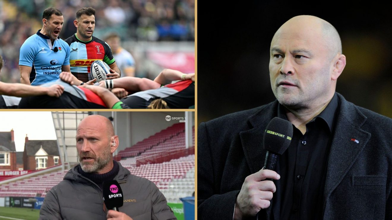 Referee Karl Dickson, Harlequins scrum-half Danny Care, Lawrence Dallaglio and Brian Moore