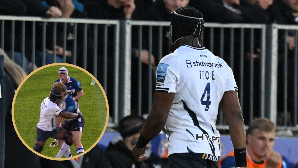 Bath versus Saracens; Maro Itoje of Saracens leaves the pitch after receiving a yellow card from Referee Luke Pearce