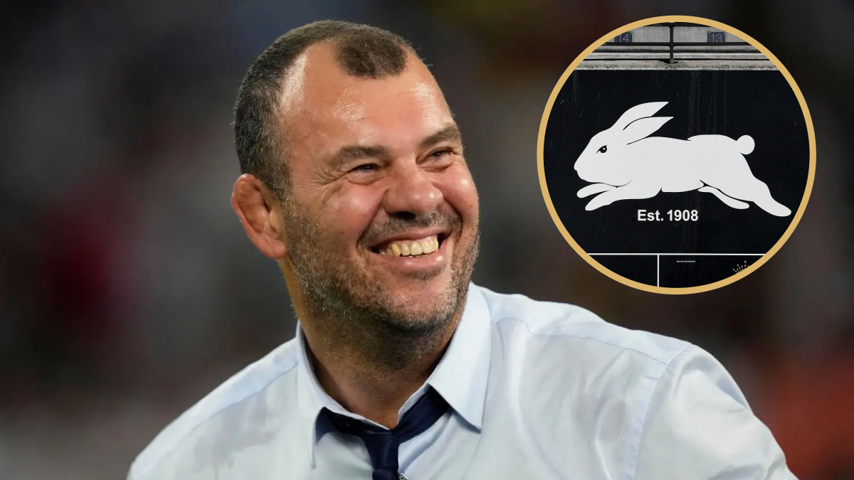 Ex-Wallabies head coach Michael Cheika and a South Sydney Rabbitohs logo.