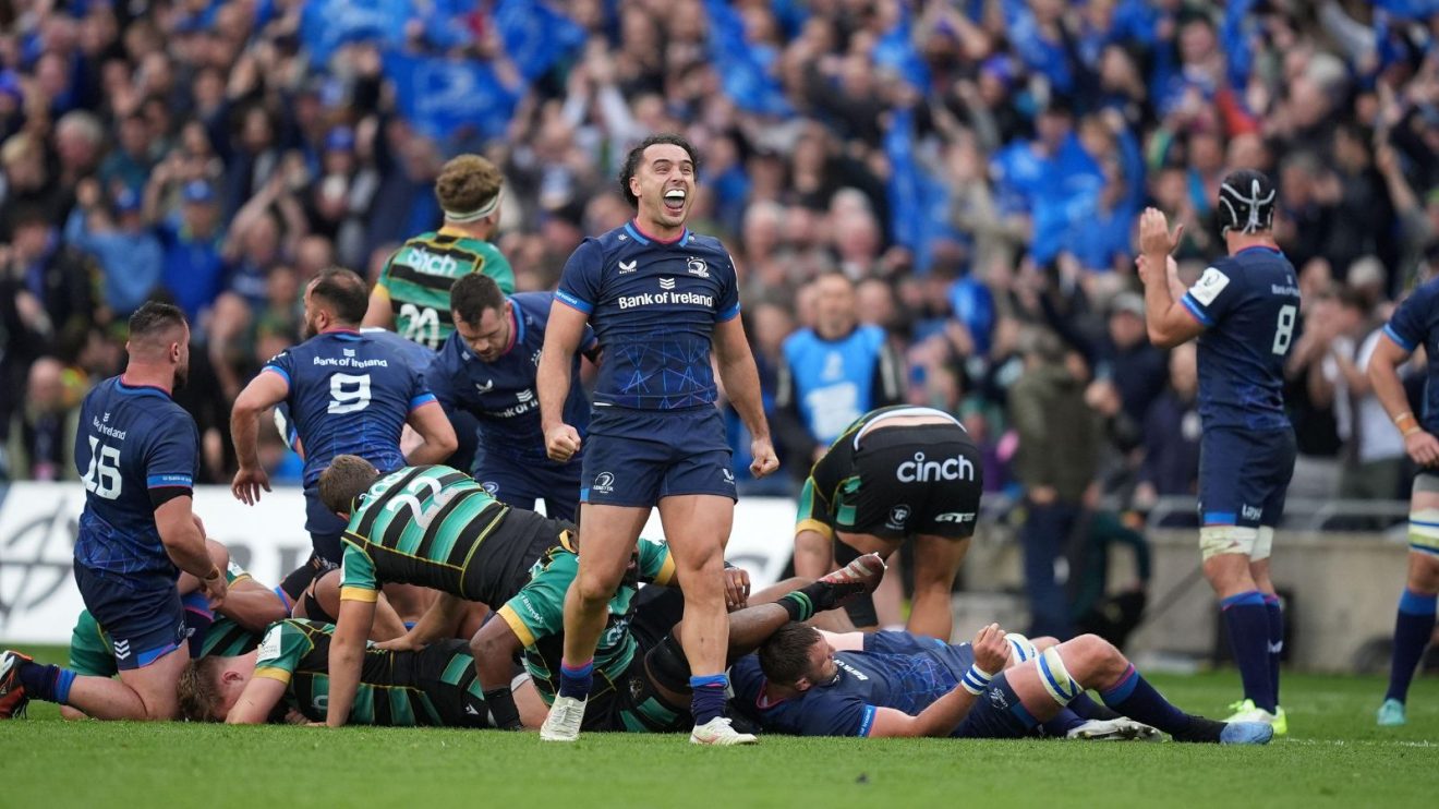 Leinster Rugby's James Lowe celebrates their side’s victory in the Investec Champions Cup semi-final match at Croke Park, Dublin.