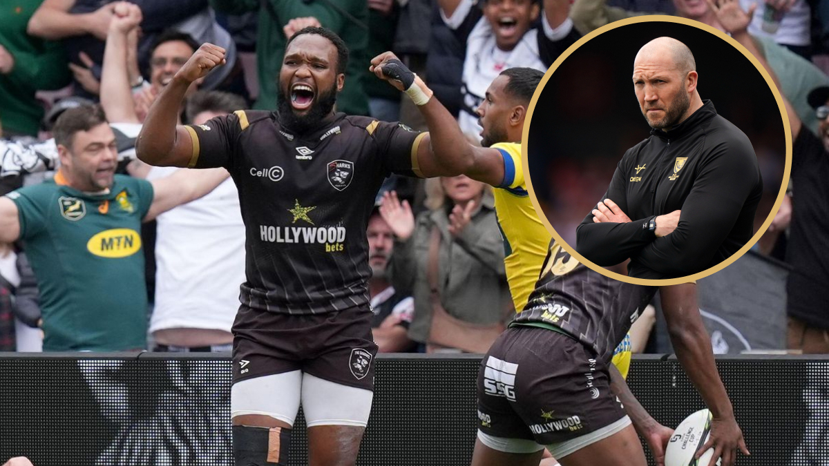Sharks captain Lukhanyo Am celebrates winning the Challenge Cup semi-final over Clermont and Gloucester head coach George Skivington.