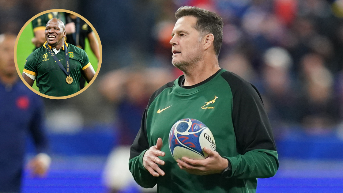 Springboks hooker Bongi Mbonambi and head coach Rassie Erasmus.