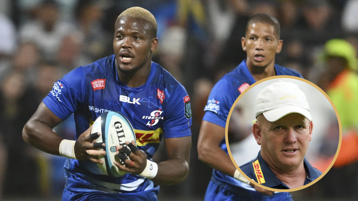 Stormers back rower Hacjivah Dayimani and head coach John Dobson.