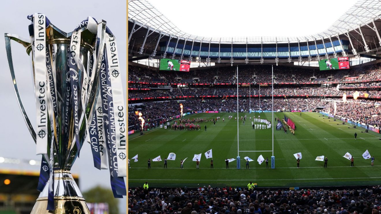 European Rugby Champions Cup trophy and Tottenham Hotspur Stadium.