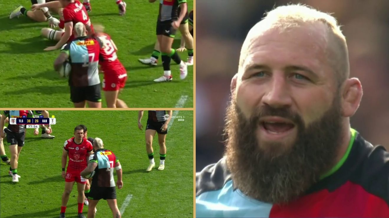 Screenshots of Joe Marler slapping Thomas Ramos during the Champions Cup semi-final.