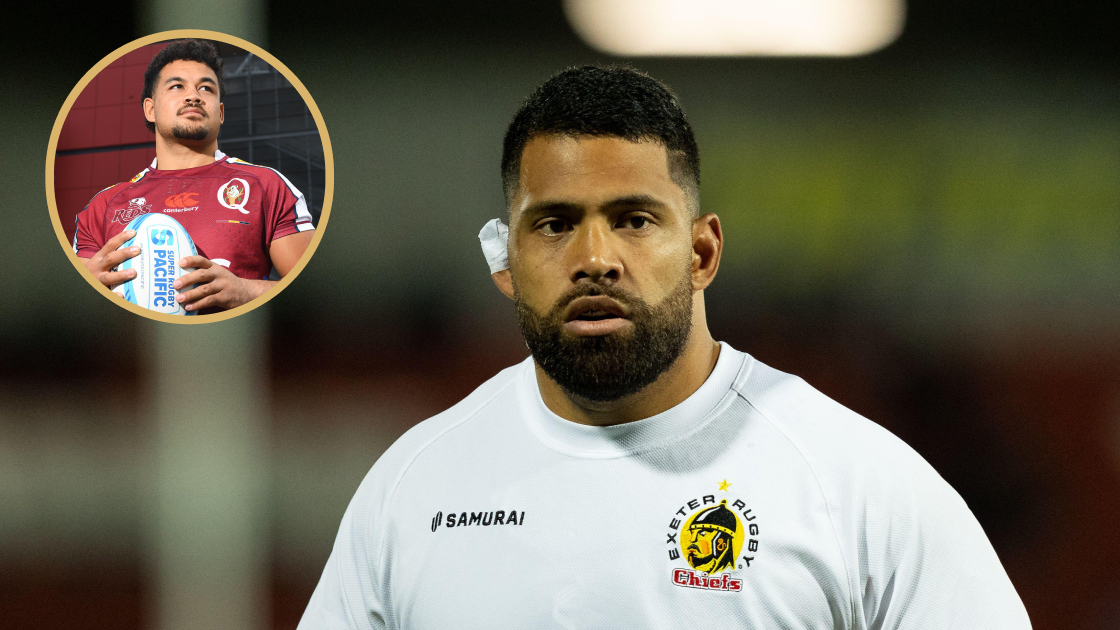 Reds centre Hunter Paisami and Exeter Chiefs' Wallaby front row Scott Sio.
