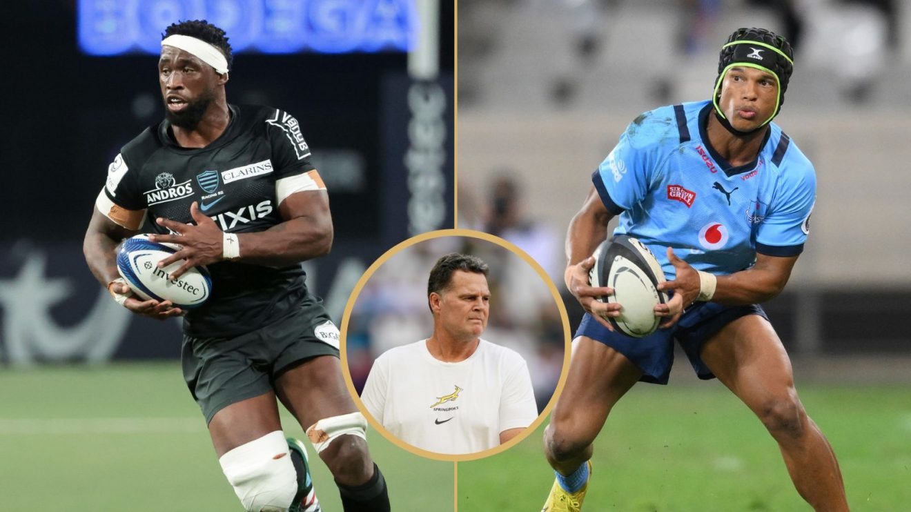 Siya Kolisi playing for Racing 92, Springboks head coach Rassie Erasmus and Bulls star Kurt-Lee Arendse.
