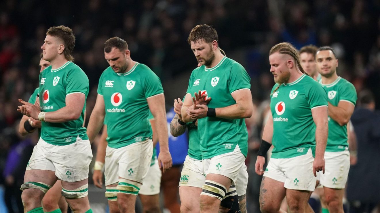 Ireland's Iain Henderson (centre) and team-mates appear dejected after a late defeat to England following the Guinness Six Nations match at Twickenham Stadium, London.