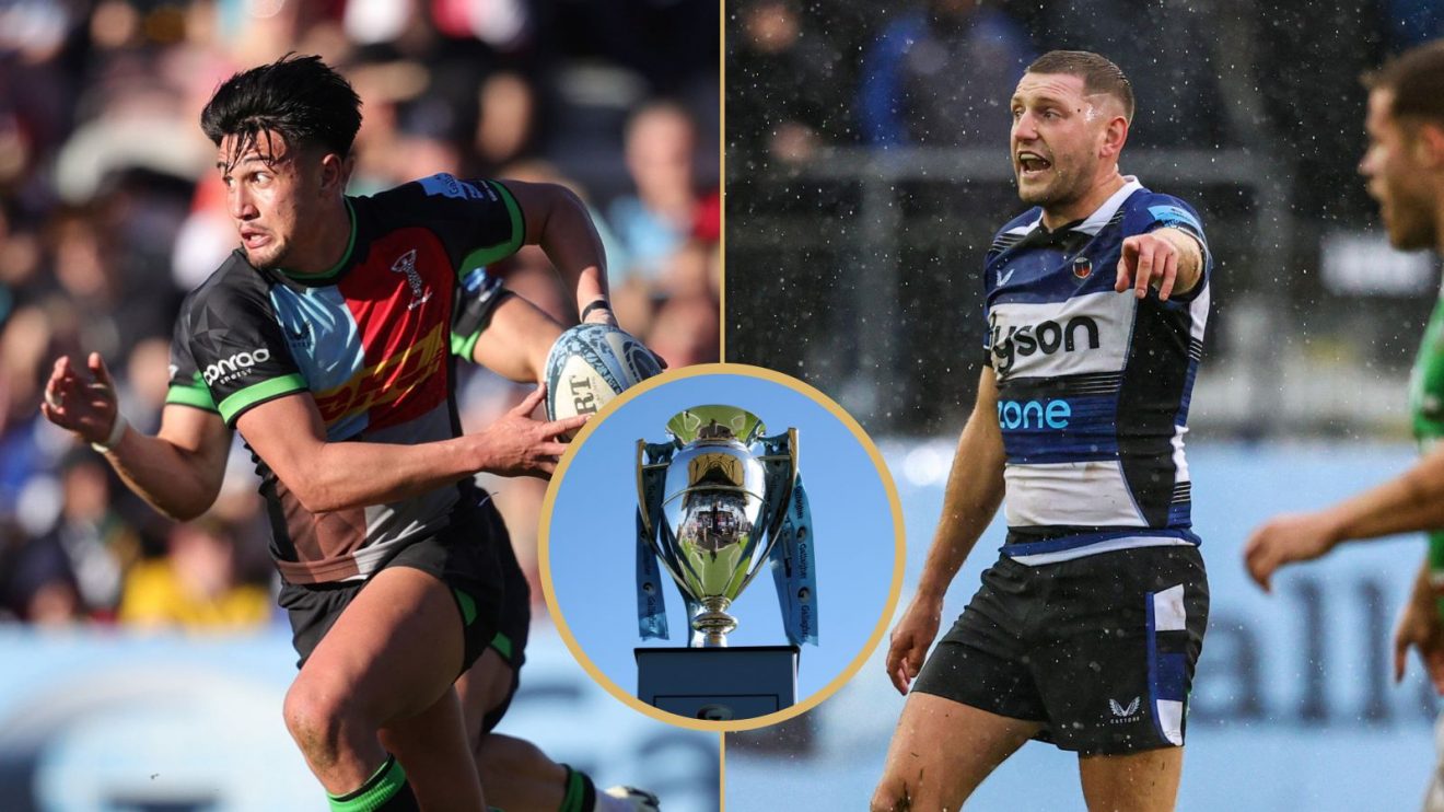 Harlequins playmaker Marcus Smith and Bath's Finn Russell with the Premiership trophy in the centre.