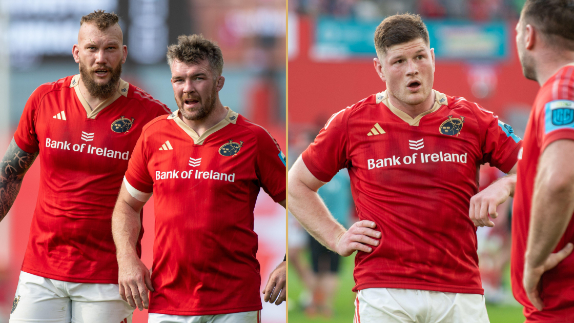 RG Snyman of Munster and Peter O'Mahony and Jack O'Donoghue during the United Rugby Championship.