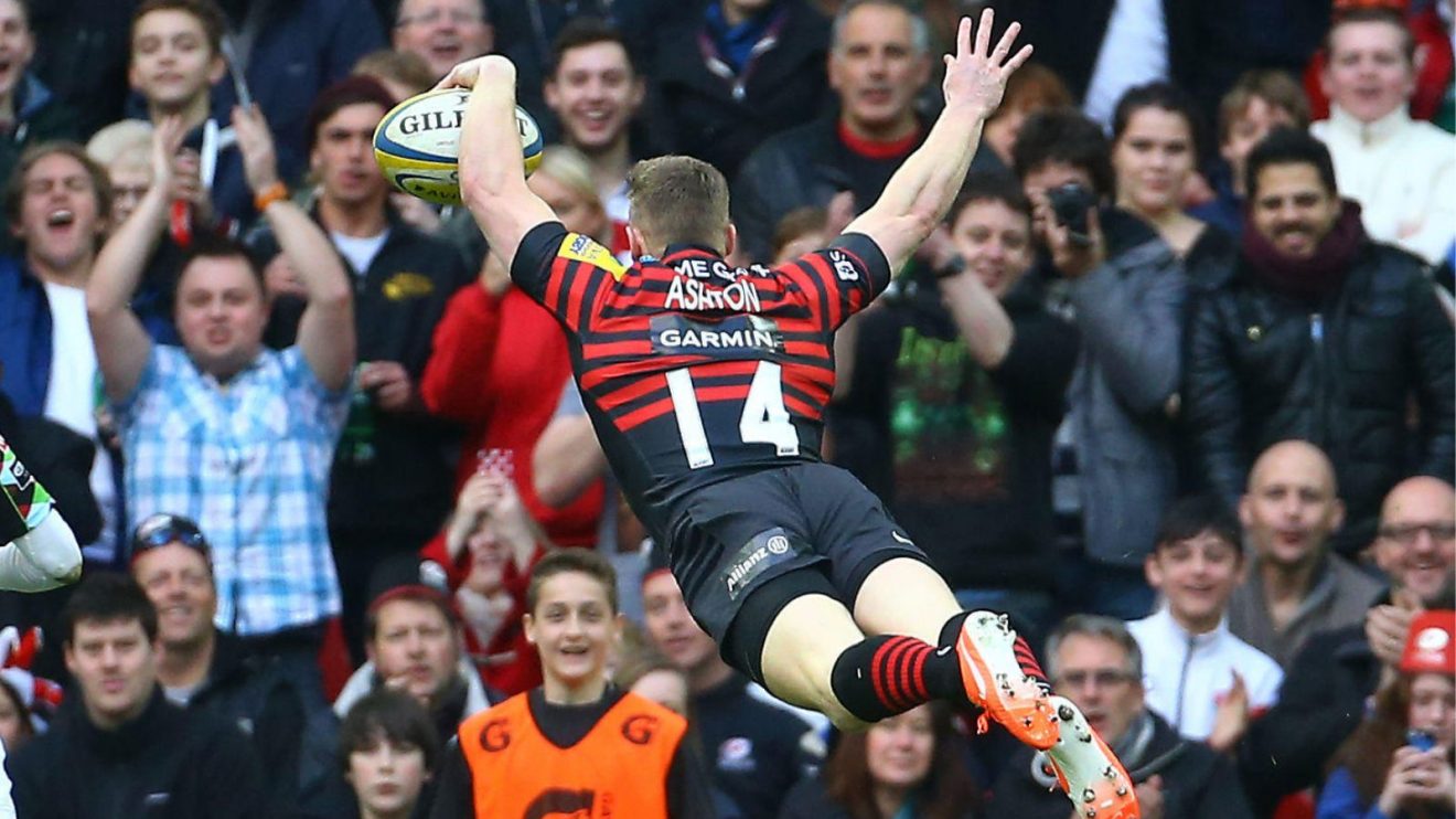 Saracens Chris Ashton (right) scores a try during the Aviva Premiership match at Wembley Stadium, London. - Image ID: G6XJCF