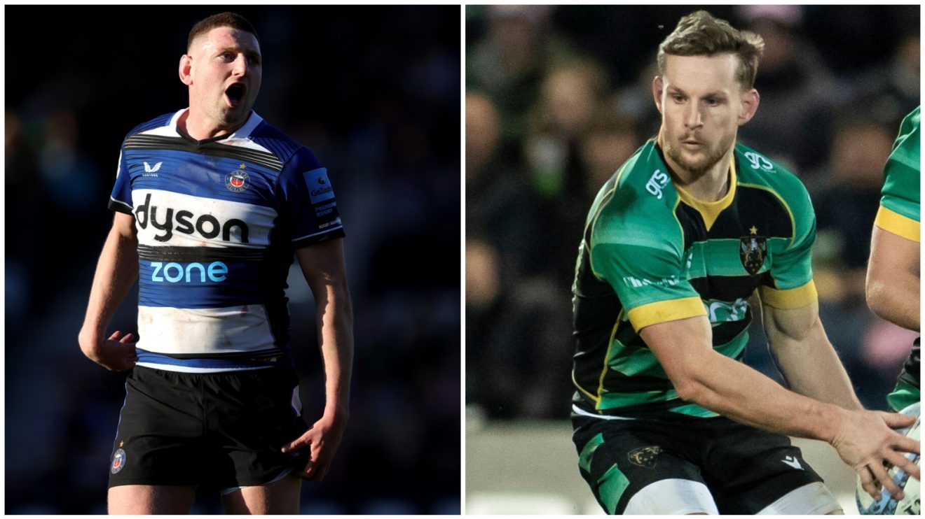 Finn Russell of Bath and Northampton Saints' Rory Hutchinson.