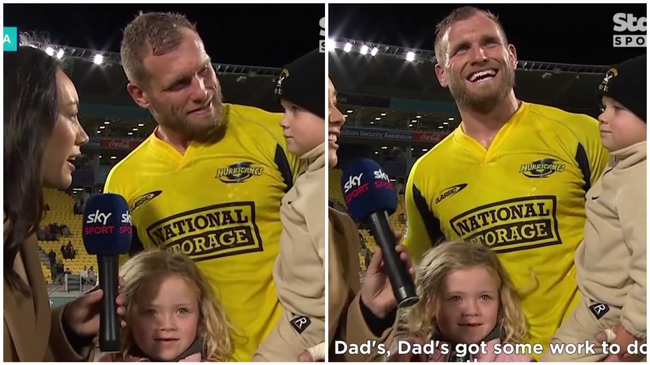 Brad Shields being interviewed following the Hurricanes' victory over Moana Pasifika in 2024.
