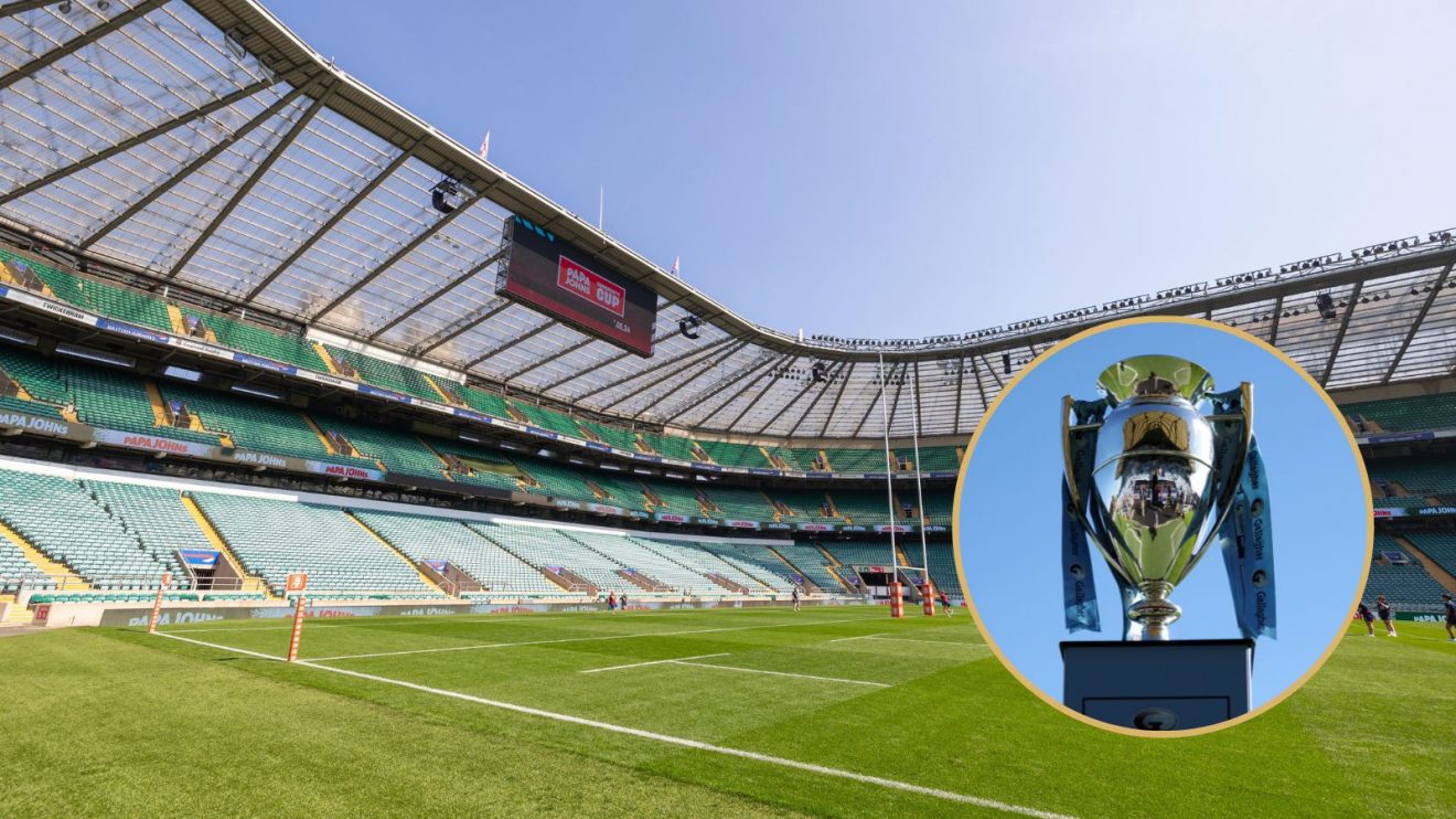 Twickenham Stadium and the Premiership trophy.