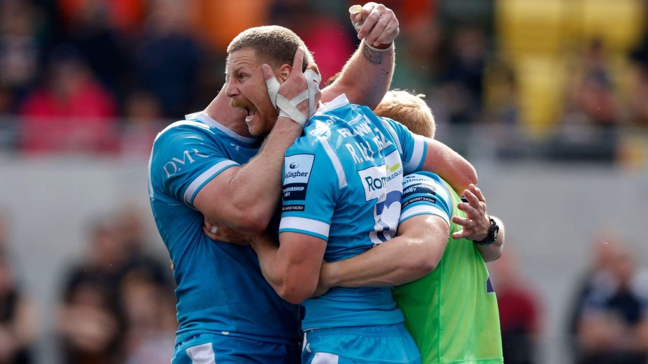 Robert du Preez celebrates scoring a try during the Gallagher Premiership match at StoneX Stadium, London.