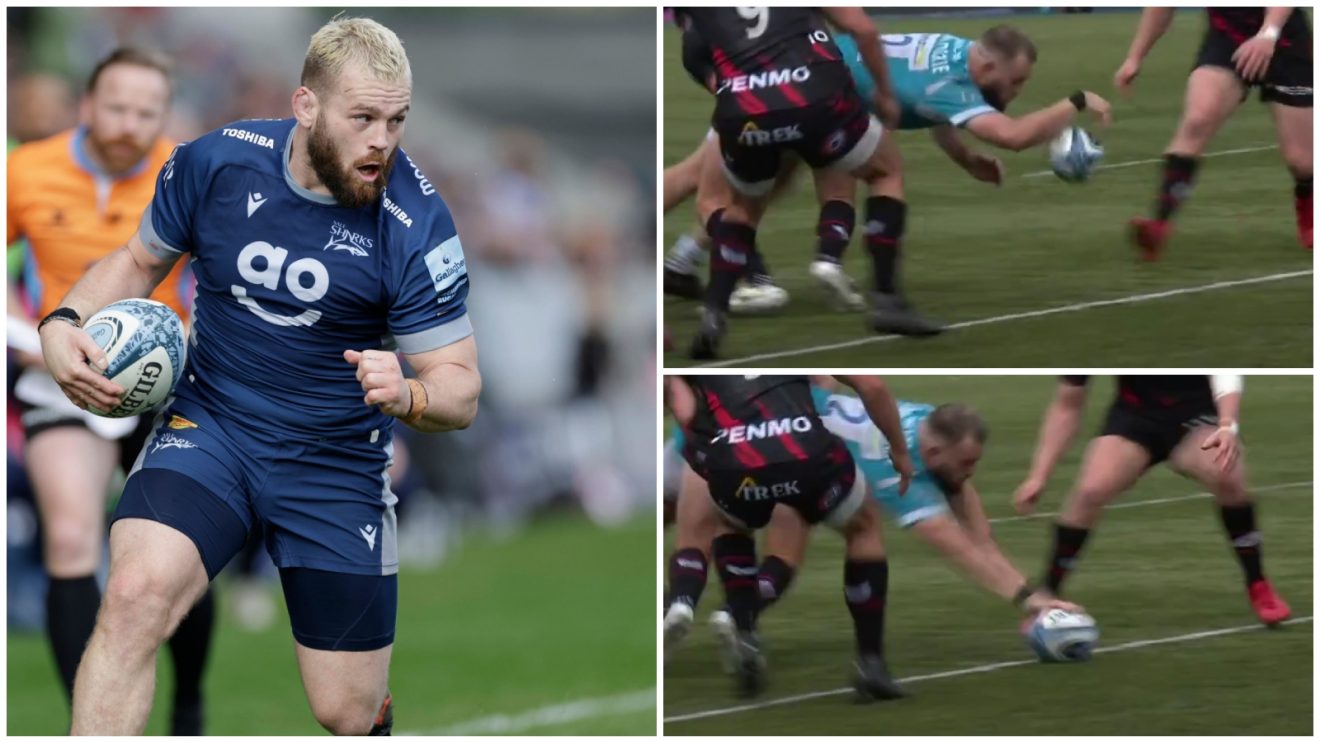 Luke Cowan-Dickie denied try during Sale Sharks' Premiership clash against Saracens in 2024.