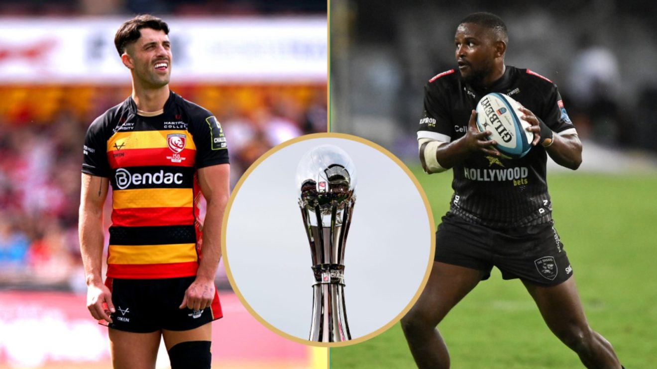 Split with Gloucester's Adam Hastings and Sharks Siya Masuku.