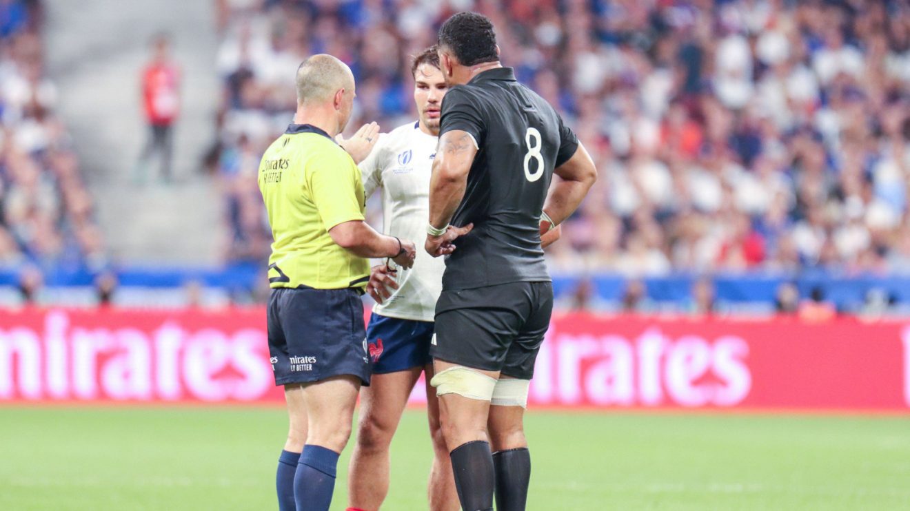 Ardie Savea and Antoine Dupont during the 2023 Rugby World Cup.