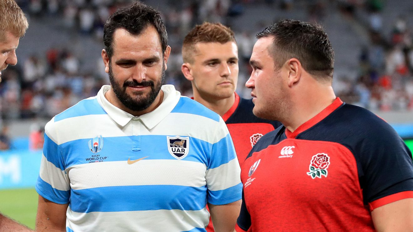 Argentina tighthead prop Juan Figallo with England hooker Jamie George.