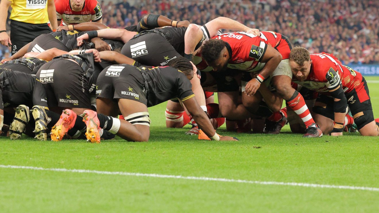 Gloucester scrummaging against the Sharks in the 2024 Challenge Cup final.