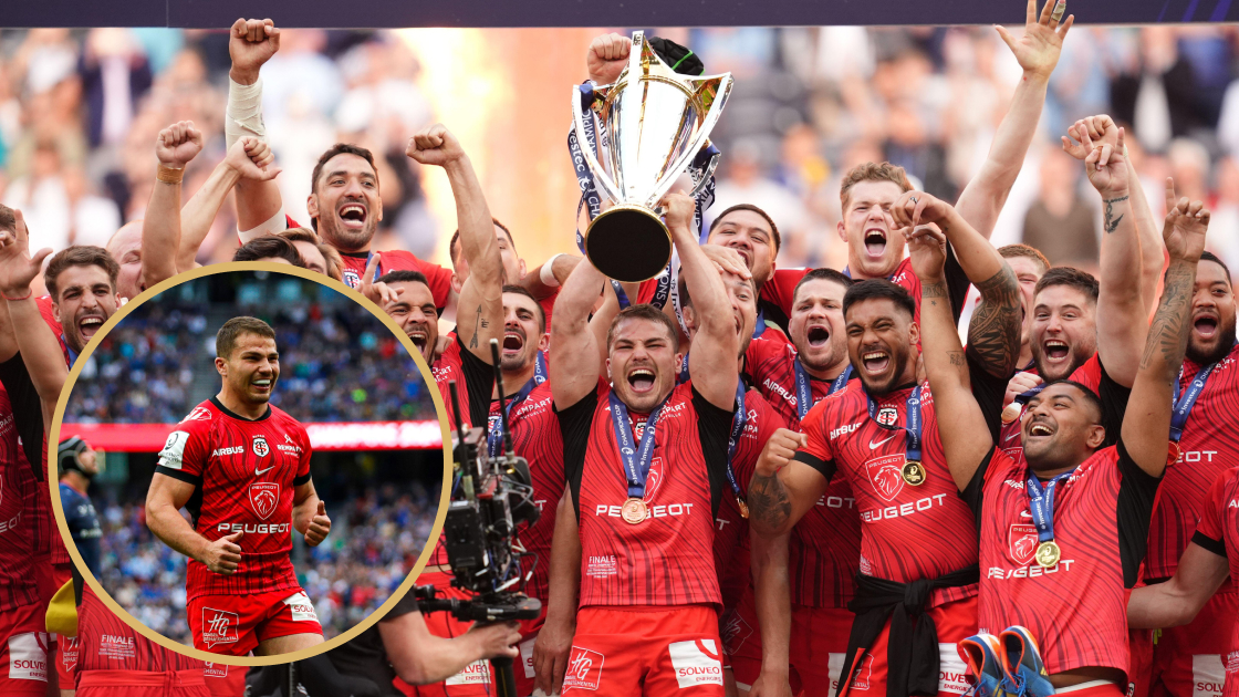 Toulouse captain Antoine Dupont and his teammates lift the Champions Cup trophy after defeating Leinster.